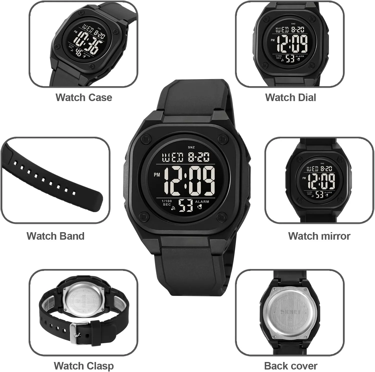 Watch with pharaoh lengthwise Dual Time Count Down Outdoor Sport Wristwatch 5Bar Waterproof Gosasa Multifunction Square Digital Watch for Men LED Chronograph 