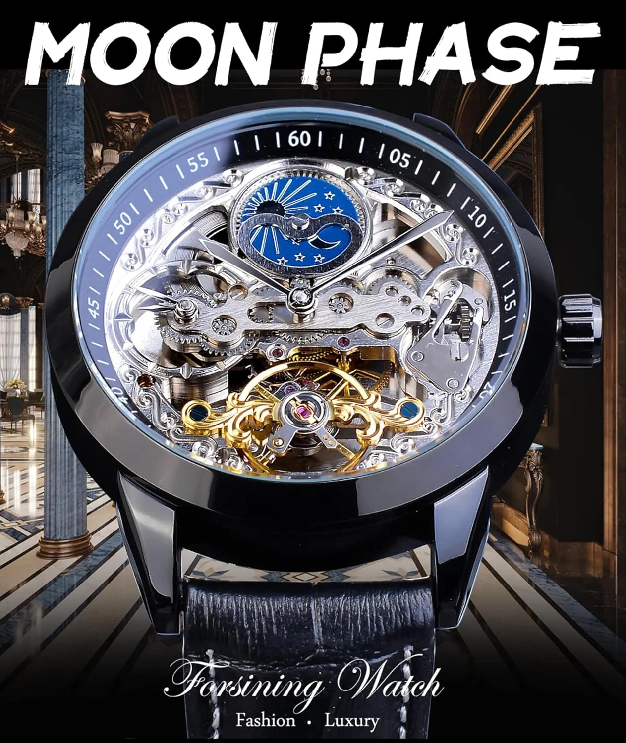 Watches Automatic Luxury Leather Strap Large Dial Wristwatch FORSINING Men's Skeleton Moon Phase Watch Mechanical Self-Wind local colonization external Tourbillon Dual Time Zone 