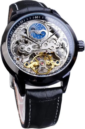 Watches Automatic Luxury Leather Strap Large Dial Wristwatch FORSINING Men's Skeleton Moon Phase Watch Mechanical Self-Wind local colonization external Tourbillon Dual Time Zone 