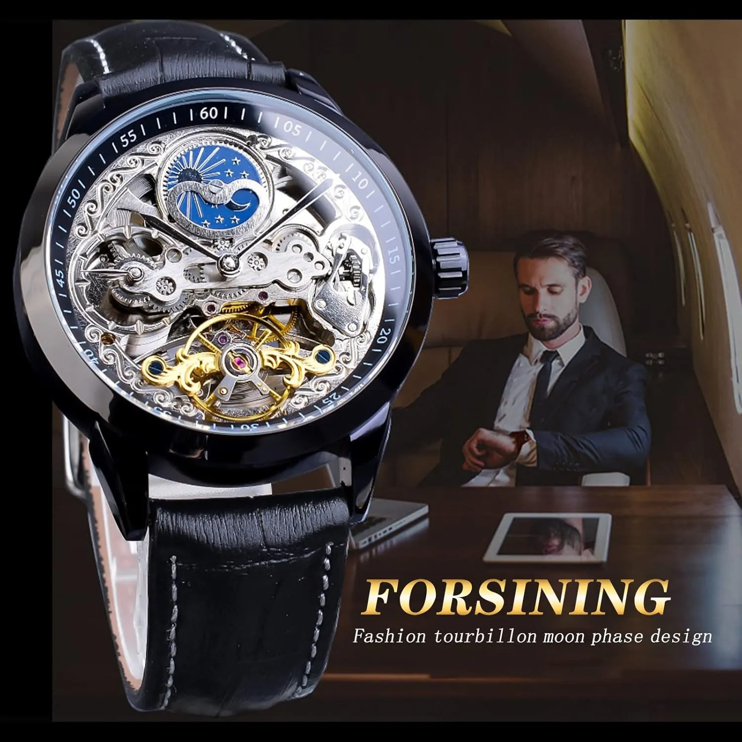 Watches Automatic Luxury Leather Strap Large Dial Wristwatch FORSINING Men's Skeleton Moon Phase Watch Mechanical Self-Wind local colonization external Tourbillon Dual Time Zone 