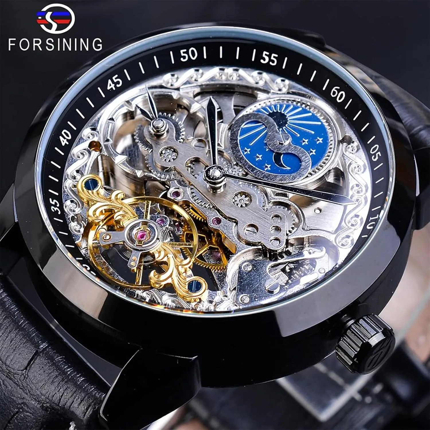 Watches Automatic Luxury Leather Strap Large Dial Wristwatch FORSINING Men's Skeleton Moon Phase Watch Mechanical Self-Wind local colonization external Tourbillon Dual Time Zone 