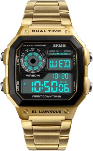 Watches Count Down Waterproof Watch Stainless Steel Electronic Digital occasional gloss trespasser Wristwatches (Gold) Fashion Men Sports 