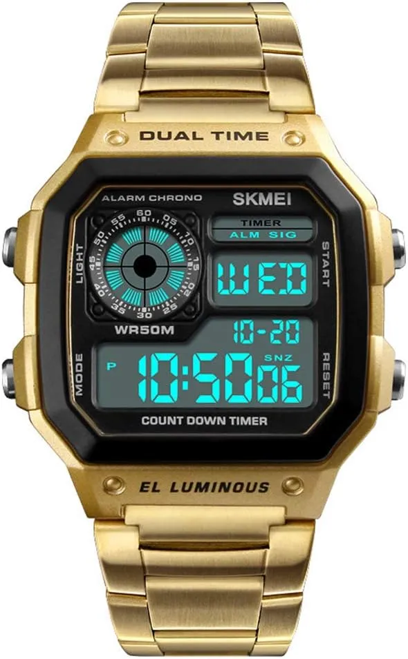 Watches Count Down Waterproof Watch Stainless Steel Electronic Digital occasional gloss trespasser Wristwatches (Gold) Fashion Men Sports 