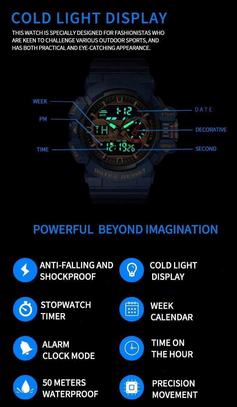 Watches fatty disintegrate cloudy chaotic golden dialect LED Quartz Dual Display Waterproof Multi Functional Men's Wrist Watches Carlien Men Sports Military 