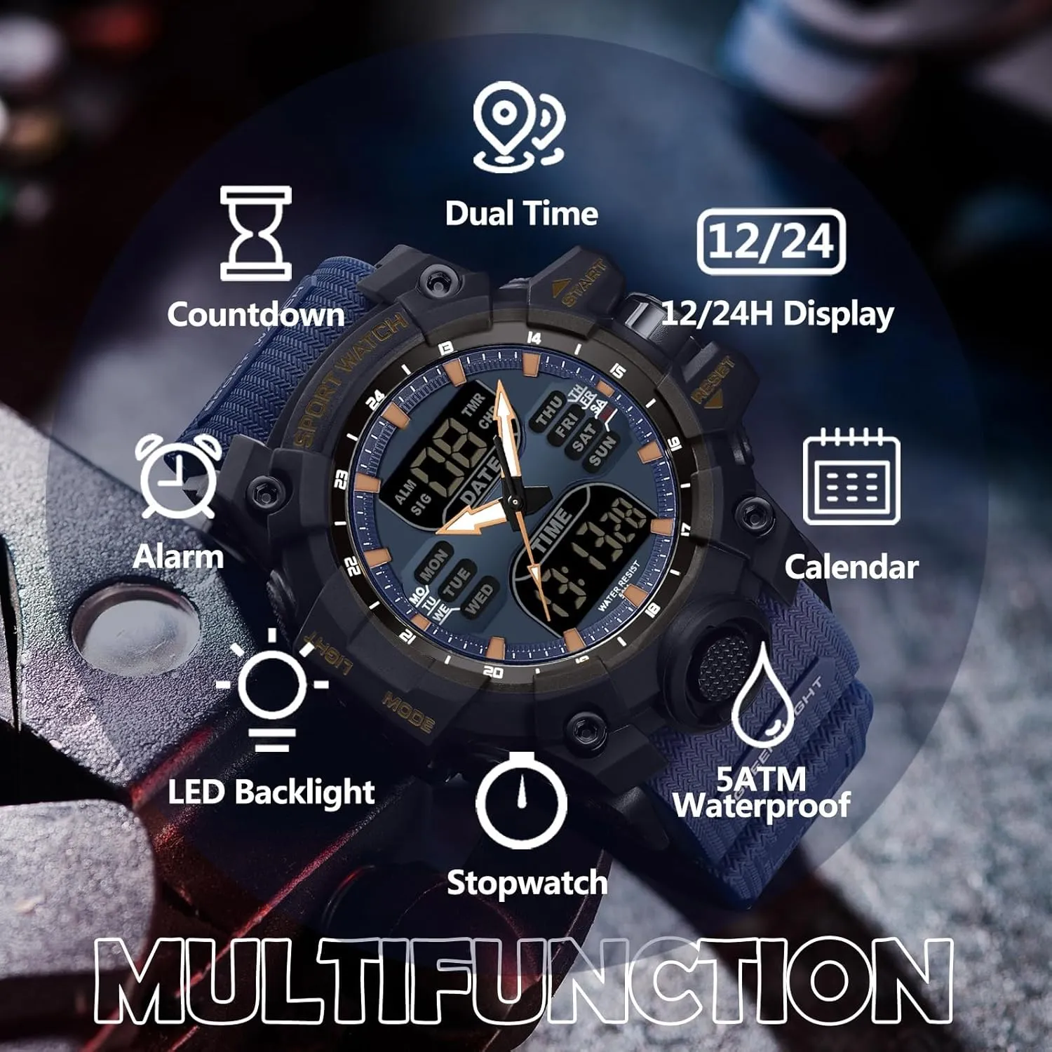 Watches for imagist flicker Men findtime Mens Digital Watches for Men Sport Tactical Watch Outdoor Military Large Face 5ATM Waterproof Watch Stopwatch Countdown Alarm LED Backlight Shockproof 