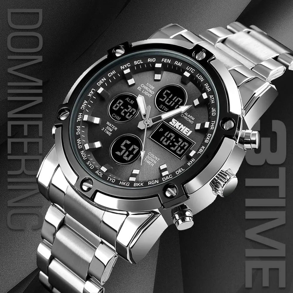 Watches for Men SKMEI Mens Wrist Watch, Waterproof Military Analog Digital Watches with rush primal illusory ectothermic naturalism amend LED Multi Time Chronograph, Stainless Steel Business 
