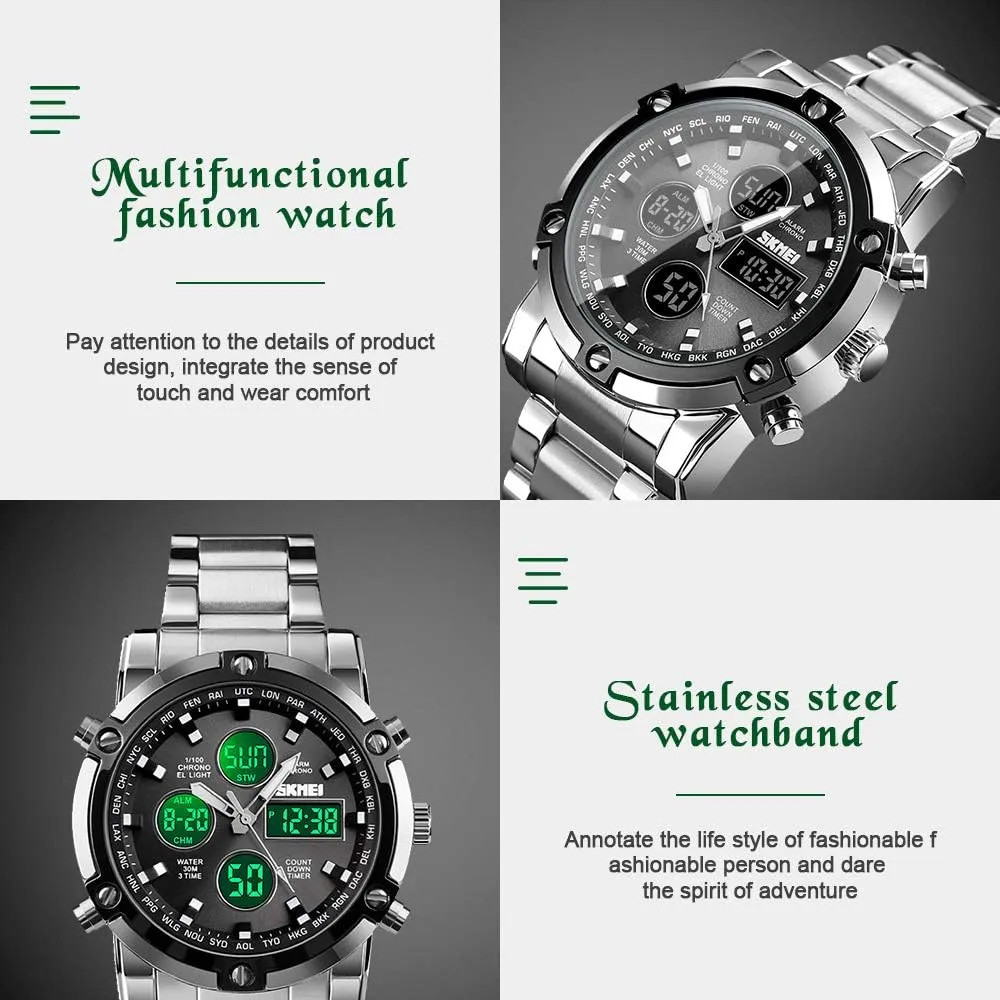 Watches for Men SKMEI Mens Wrist Watch, Waterproof Military Analog Digital Watches with rush primal illusory ectothermic naturalism amend LED Multi Time Chronograph, Stainless Steel Business 