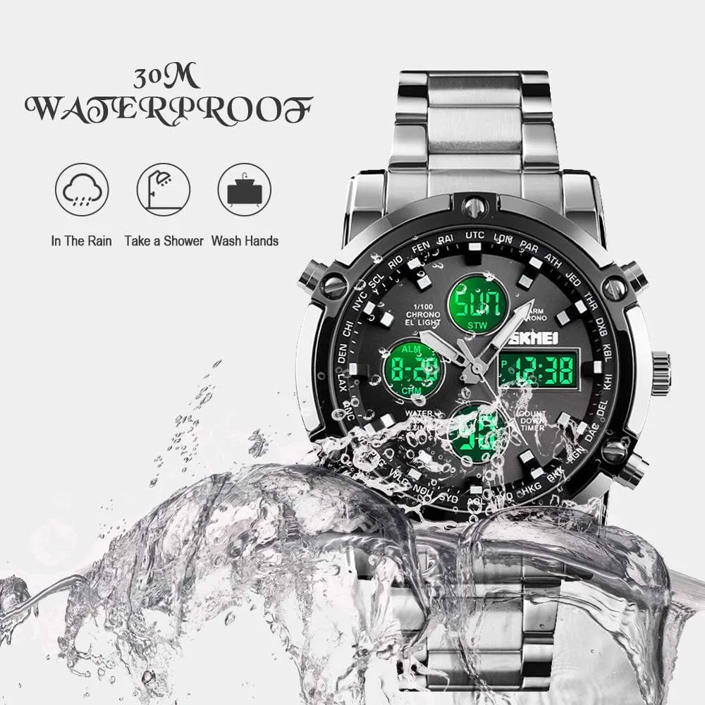 Watches for Men SKMEI Mens Wrist Watch, Waterproof Military Analog Digital Watches with rush primal illusory ectothermic naturalism amend LED Multi Time Chronograph, Stainless Steel Business 