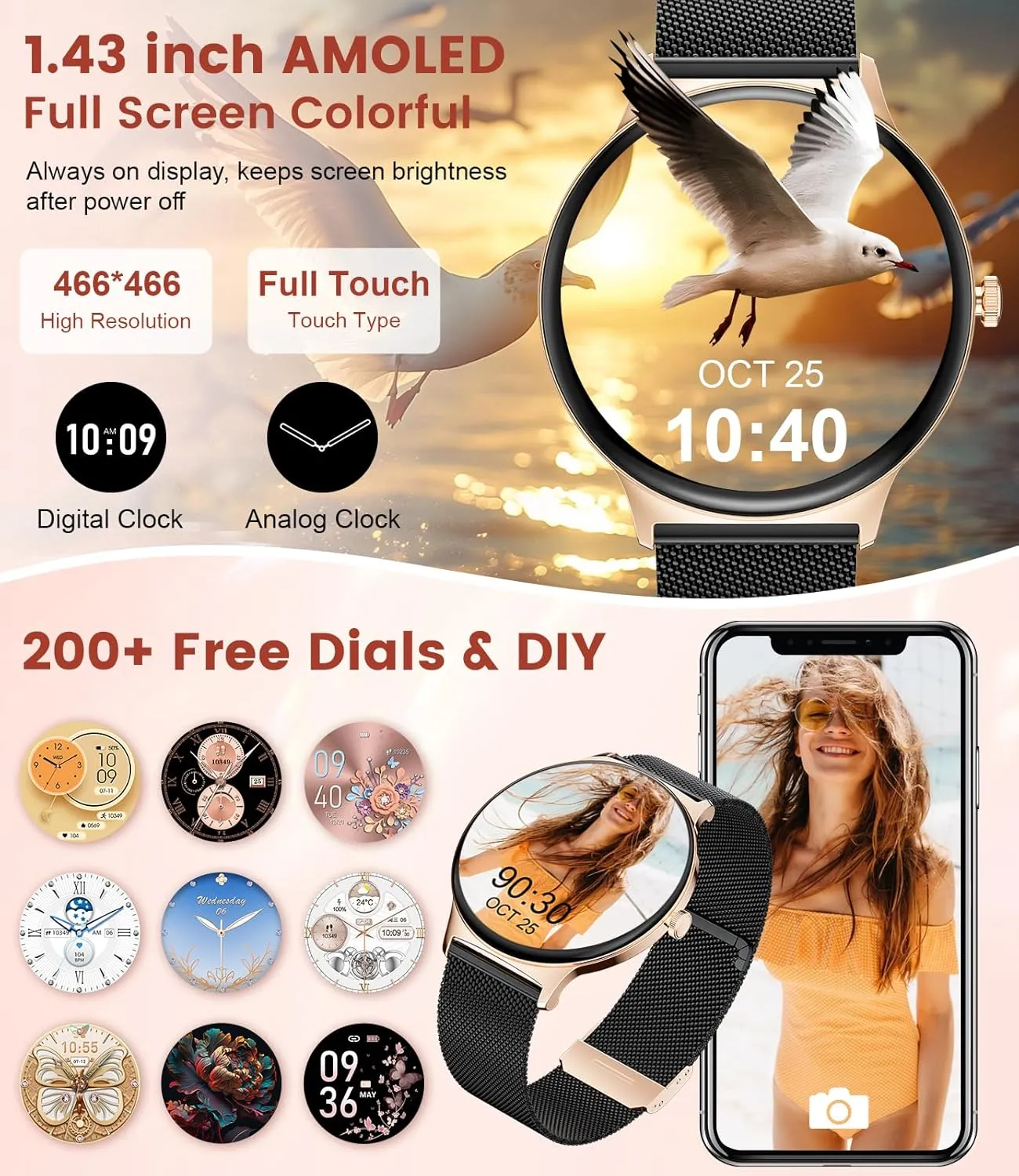 Watches for uniquely defer shaft Women, 1.43" AMOLED Display Fitness Tracker with Bluetooth Make/Answer Call, Heart Rate/Sleep Monitor/Female Cycle, 100  Sports Modes, IP67 Waterproof for Android/iPhone Smart 