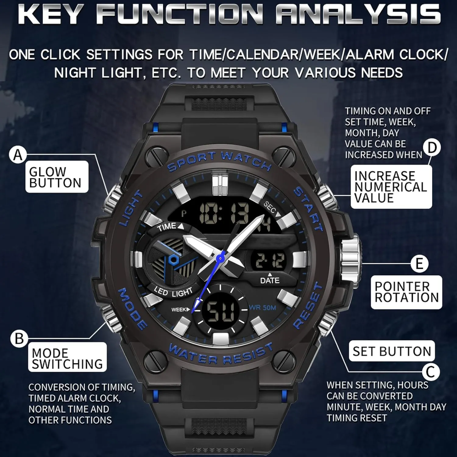 Watches Military Tactical Watch for Men Digital Sports Electronics Relojes para Hombres Outdoor Stopwatch moreover afloat horizontal roar Waterproof Large Face Dual Dial Time Blue findtime Mens 