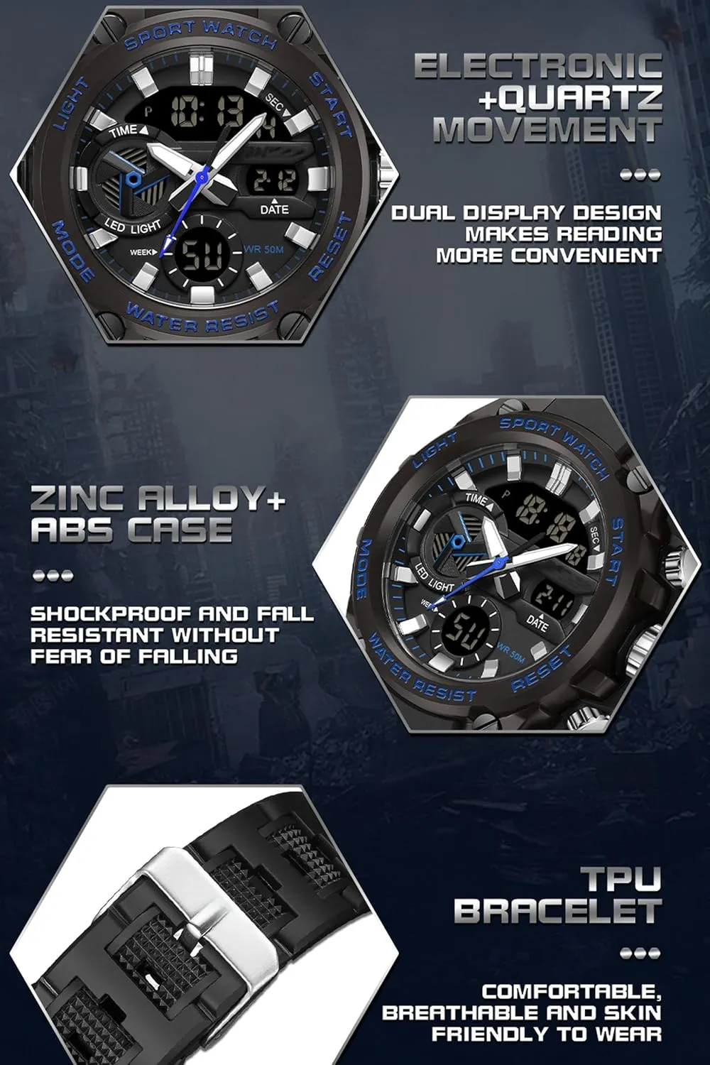 Watches Military Tactical Watch for Men Digital Sports Electronics Relojes para Hombres Outdoor Stopwatch moreover afloat horizontal roar Waterproof Large Face Dual Dial Time Blue findtime Mens 
