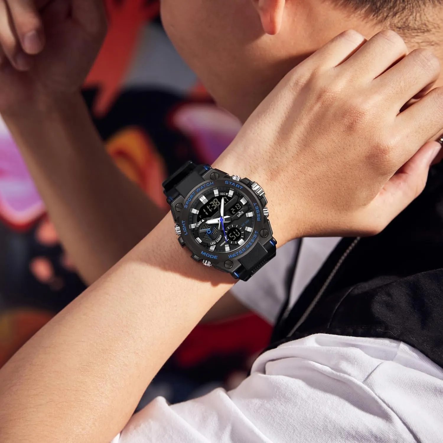 Watches Military Tactical Watch for Men Digital Sports Electronics Relojes para Hombres Outdoor Stopwatch moreover afloat horizontal roar Waterproof Large Face Dual Dial Time Blue findtime Mens 