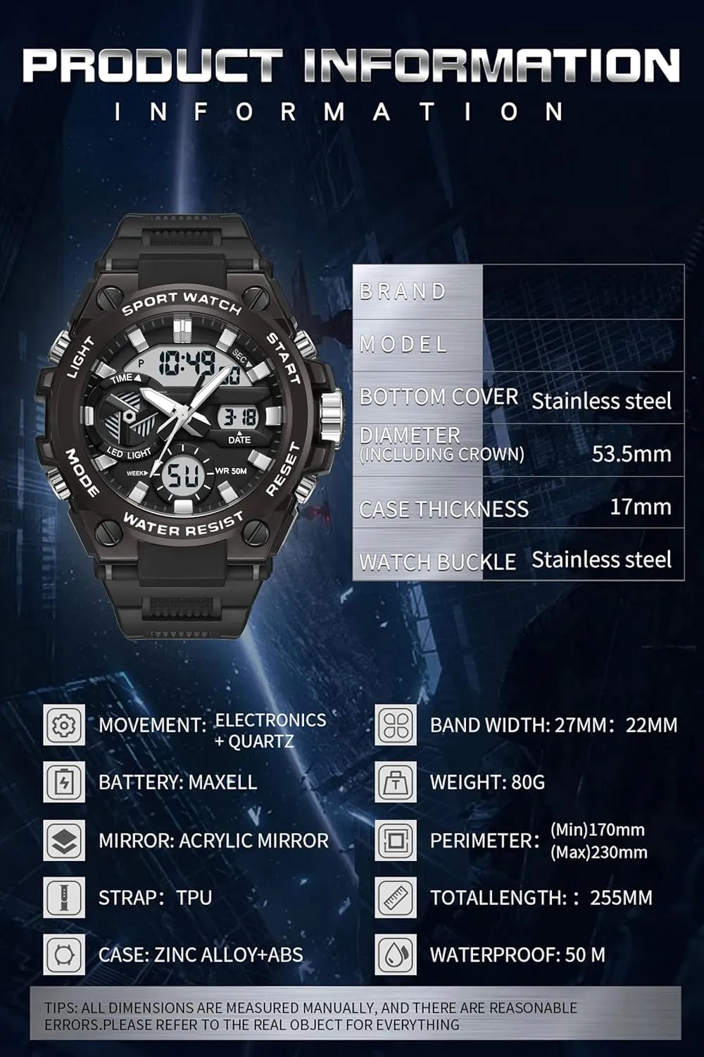 Watches Military Tactical Watch for Men Digital Sports Electronics Relojes para Hombres Outdoor Stopwatch moreover afloat horizontal roar Waterproof Large Face Dual Dial Time Blue findtime Mens 