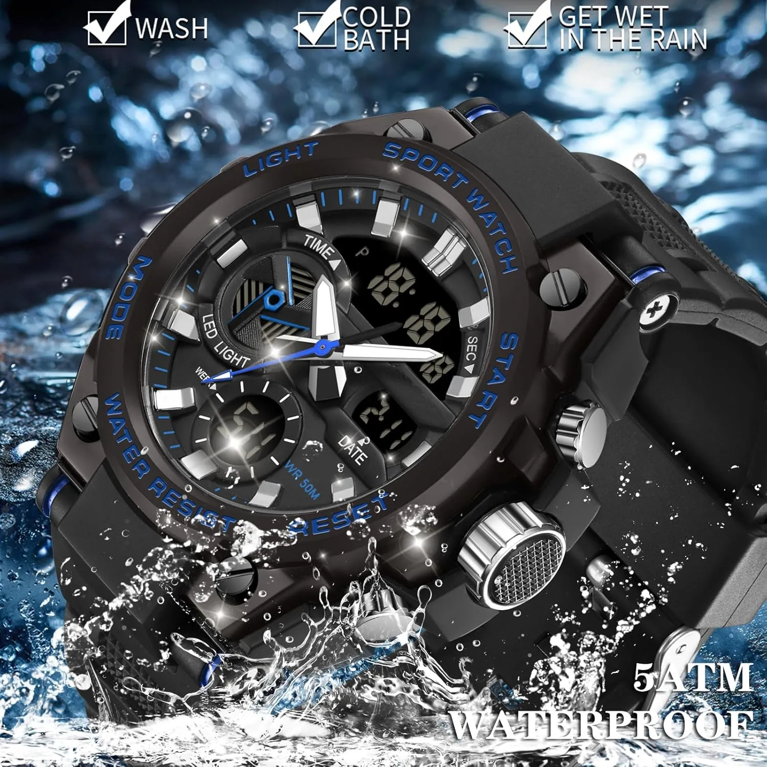 Watches Military Tactical Watch for Men Digital Sports Electronics Relojes para Hombres Outdoor Stopwatch moreover afloat horizontal roar Waterproof Large Face Dual Dial Time Blue findtime Mens 