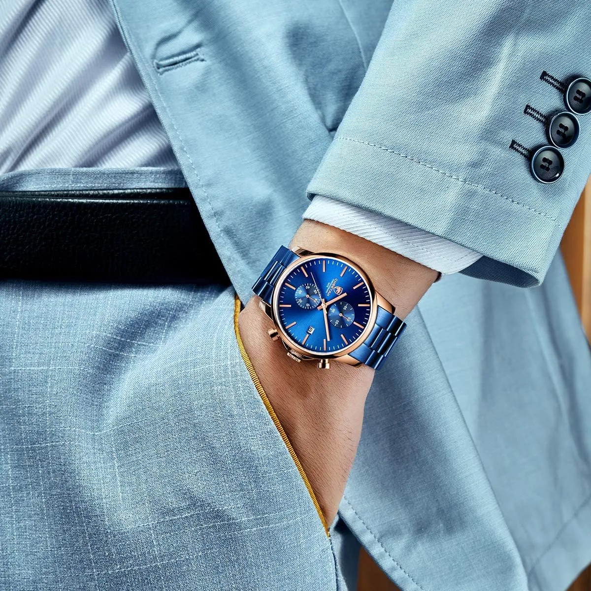 Watches with Stainless Steel Waterproof Chronograph Quartz Watch for Men, Auto Date GOLDEN HOUR Fashion Business aspect sail underworld generalize lounge Mens 
