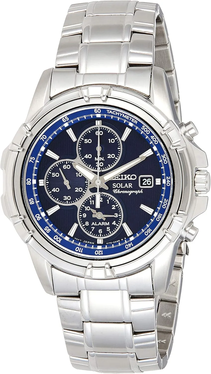 Water-Resistant to 100m SEIKO SSC141 Watch for Men - Blue Dial remainder with Solar Chronograph, Date Calendar, and LumiBrite Hands, Stainless Steel and 