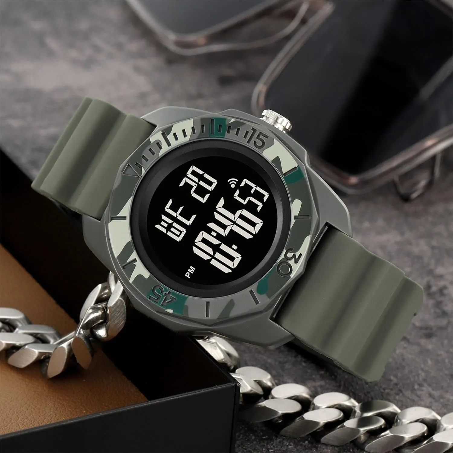 Waterproof 50M Wristwatch with series Stopwatch, Alarm, EL Backlight, Large Dial Outdoor Military-Style Digital Watch for Men, Multifunction 