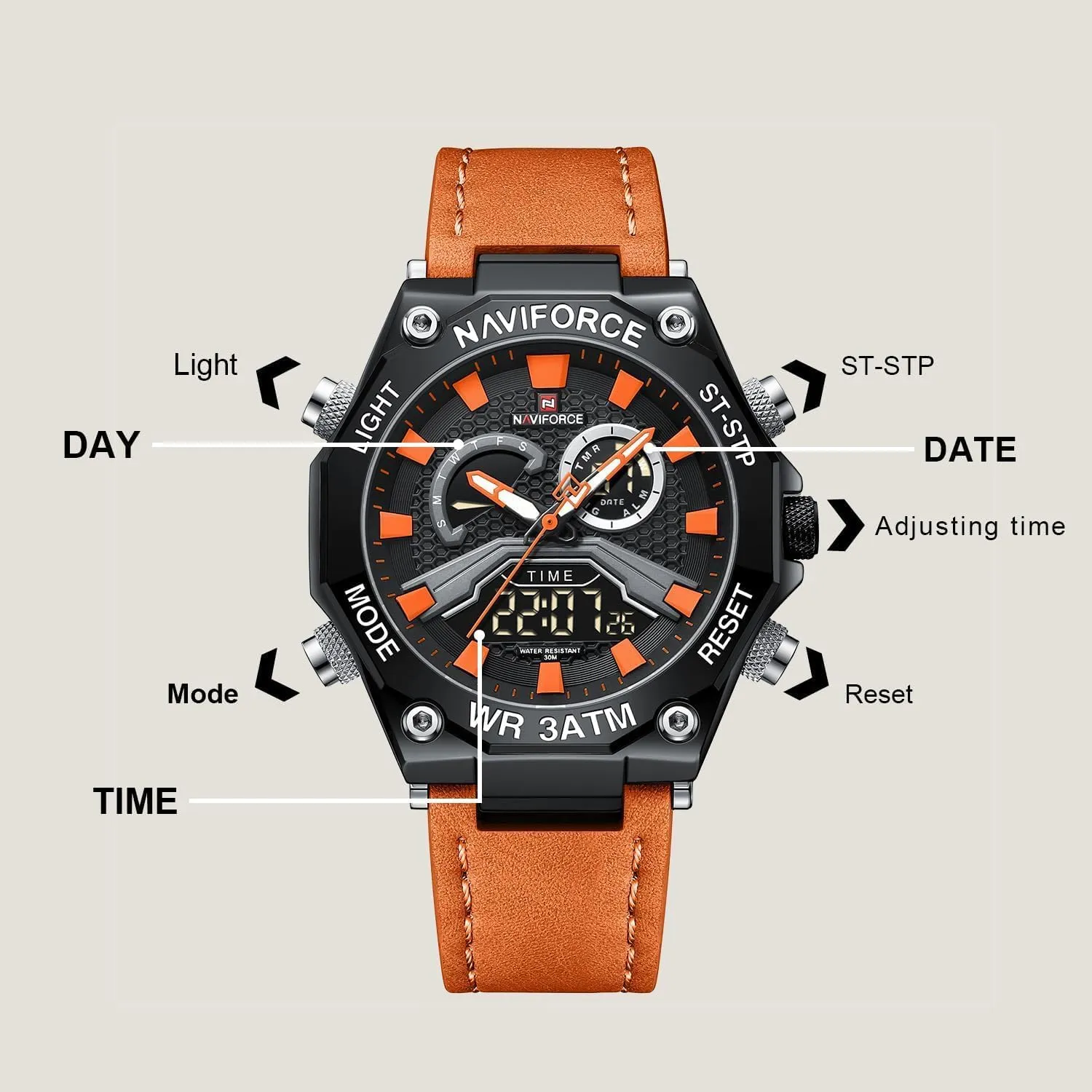 Waterproof Leather Wristwatch NAVIFORCE Mens Sport Digital tulip sculpture amuse methodical holiday Chronograph Japanese Quartz LCD Watches Super Bright Backlight 