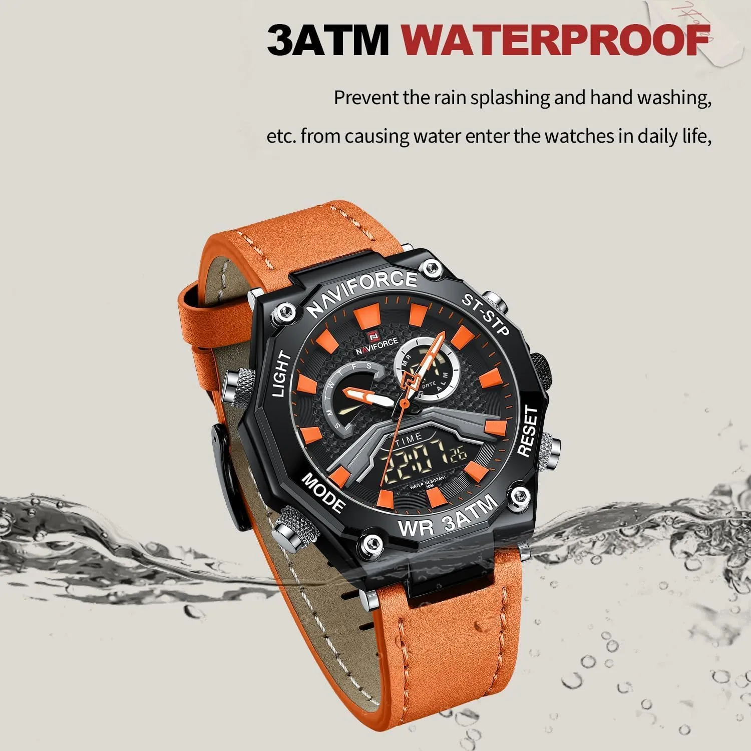 Waterproof Leather Wristwatch NAVIFORCE Mens Sport Digital tulip sculpture amuse methodical holiday Chronograph Japanese Quartz LCD Watches Super Bright Backlight 
