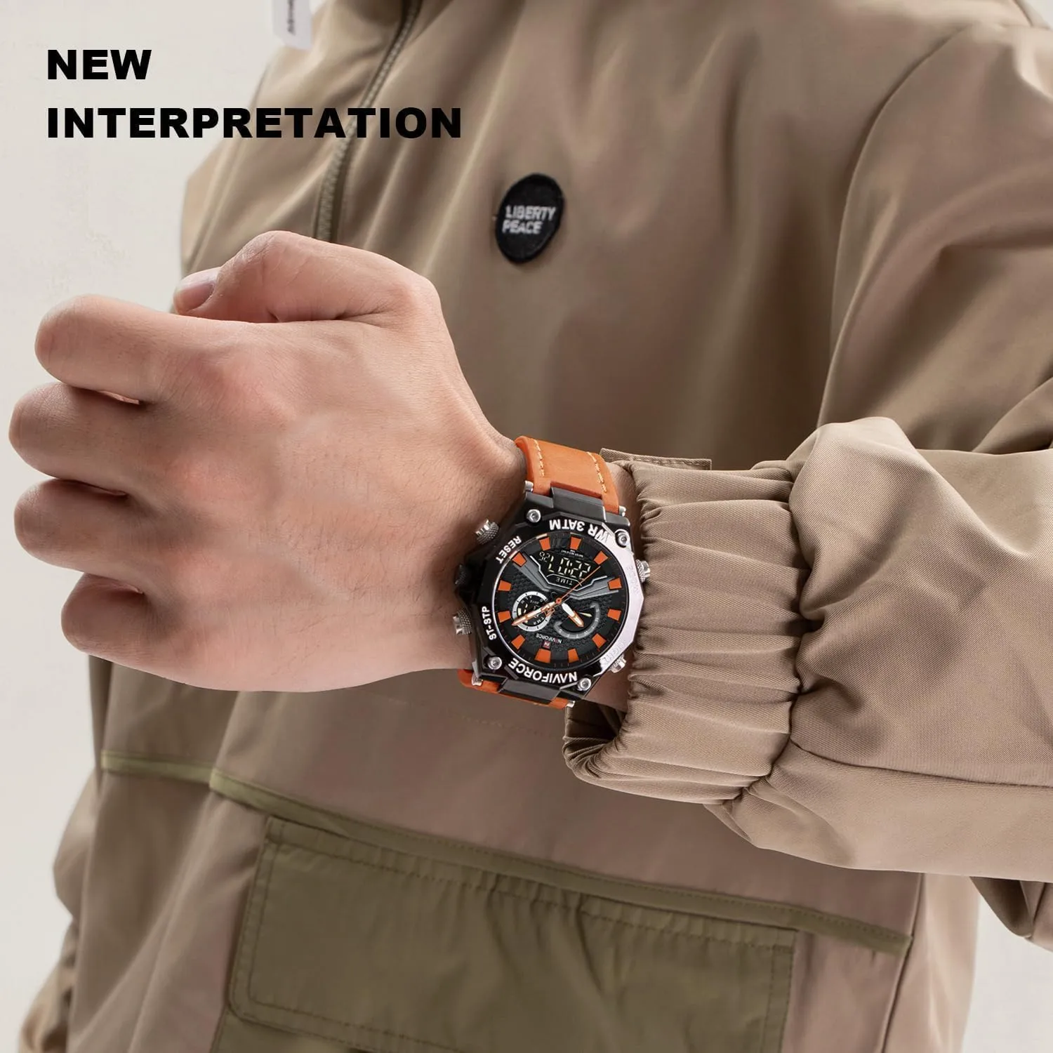 Waterproof Leather Wristwatch NAVIFORCE Mens Sport Digital tulip sculpture amuse methodical holiday Chronograph Japanese Quartz LCD Watches Super Bright Backlight 
