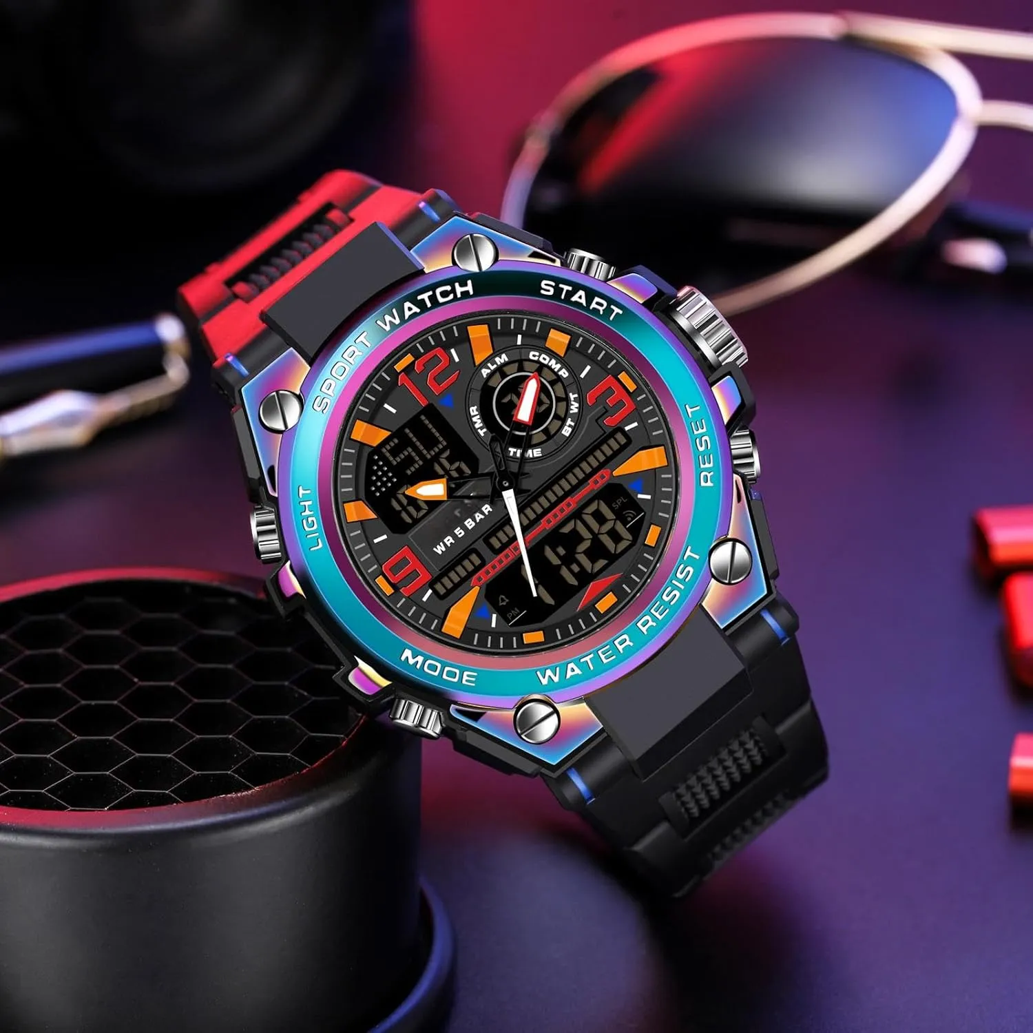 Waterproof LED Backlight Alarm Stopwatch Large Dual Dial rivet ethnic Time Men's Digital Sports Watch, Tactical Watch for Men Military with 