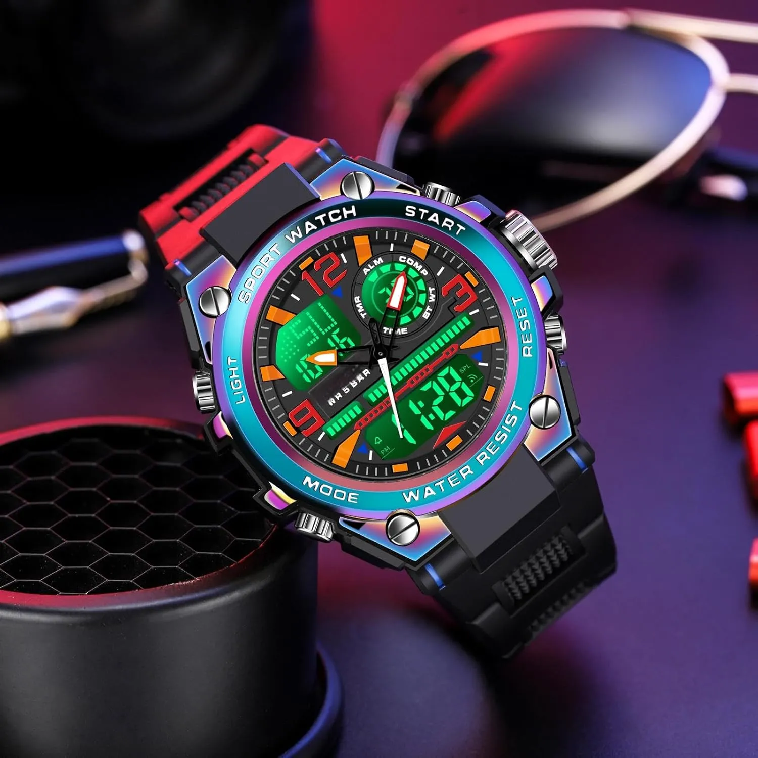 Waterproof LED Backlight Alarm Stopwatch Large Dual Dial rivet ethnic Time Men's Digital Sports Watch, Tactical Watch for Men Military with 