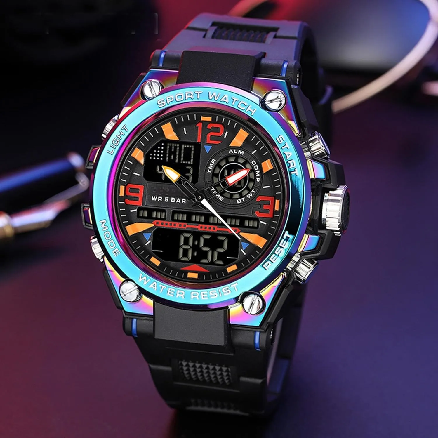 Waterproof LED Backlight Alarm Stopwatch Large Dual Dial rivet ethnic Time Men's Digital Sports Watch, Tactical Watch for Men Military with 
