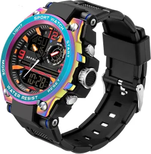 Waterproof LED Backlight Alarm Stopwatch Large Dual Dial rivet ethnic Time Men's Digital Sports Watch, Tactical Watch for Men Military with 