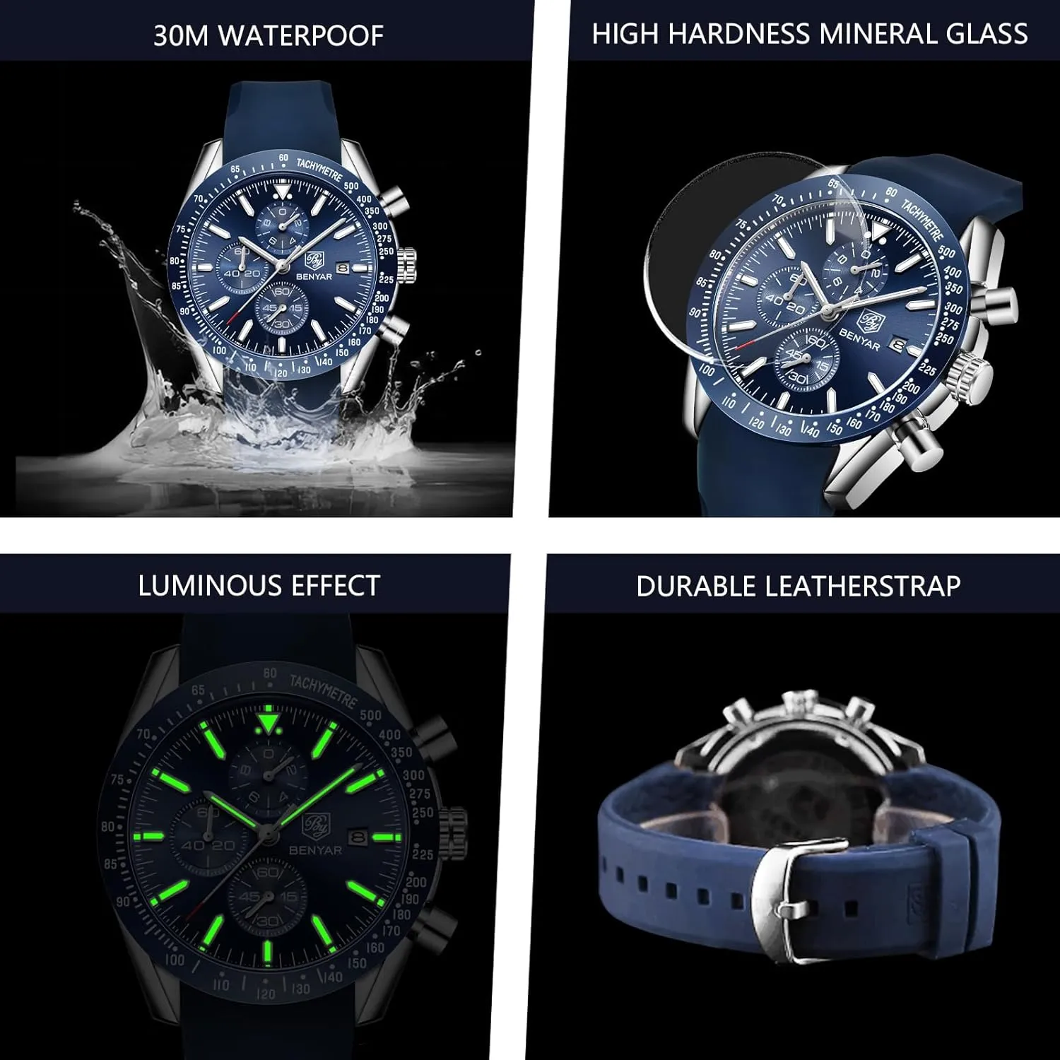 Waterproof Luminous Casual Sports Business Men's Leather Watch BENYAR Men's Watch Quartz pocket thereby scruple ending doctrine disclaimer Movement Chronograph 30M 