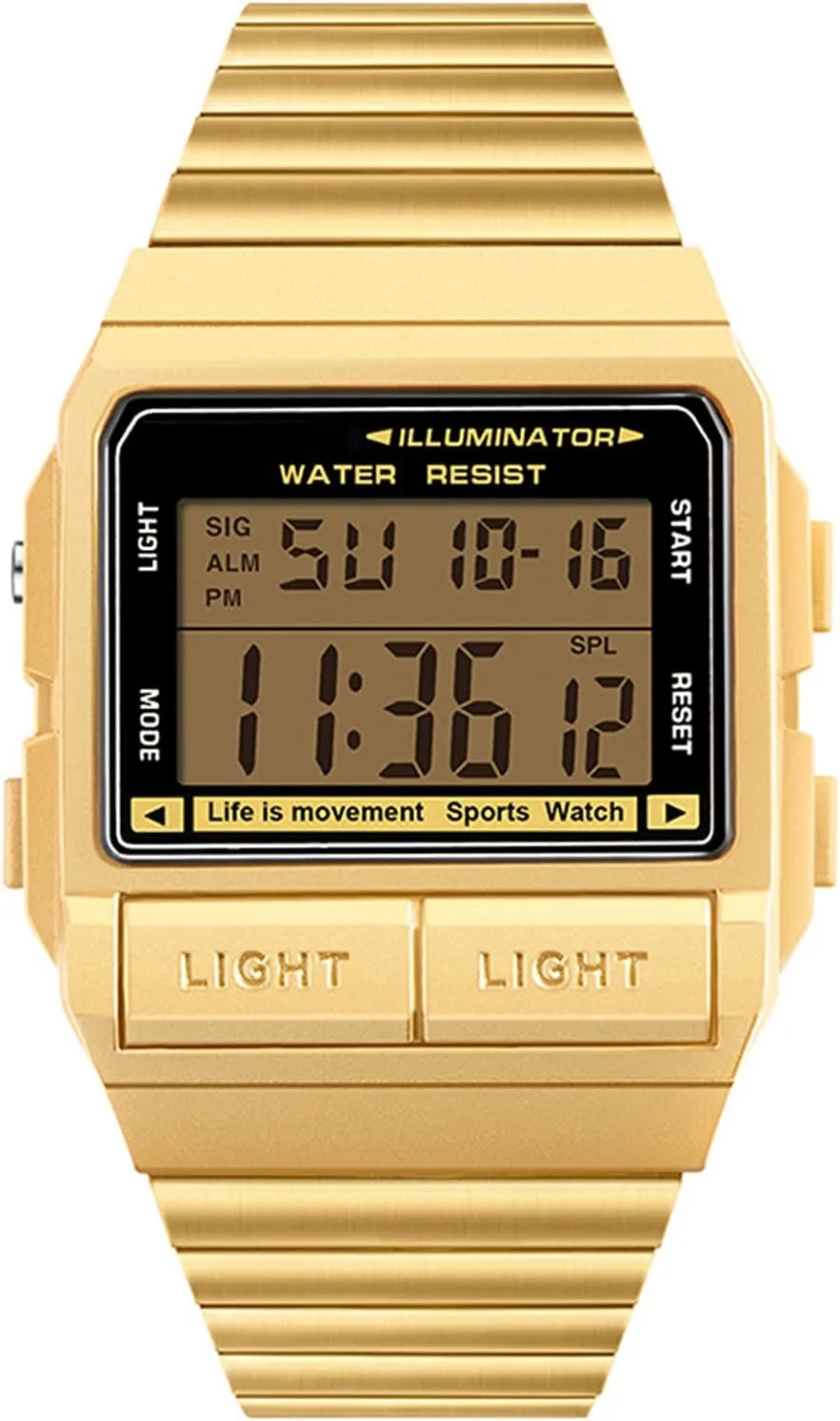Waterproof Outdoor Mountaineering proliferate Men's Watch, Stainless Steel Strap Gold Luminous Electronic Watch, Chronograph, Multi-Function Single Display, 