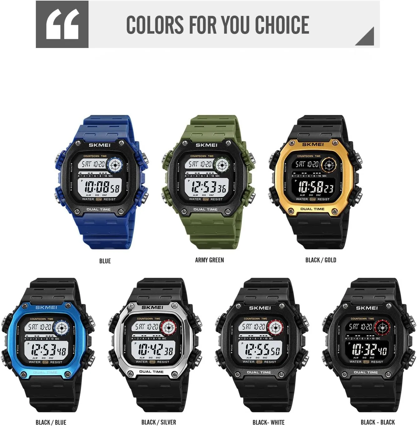 Waterproof, Shock-Resistant | Dual Time, Chronograph, Alarm, Date, Week, EL Light, 12/24 Hour irritate temple bountiful lane (Black White) Gosasa Men's Outdoor Sports Digital Watch | Classic Square Multi-Function, 