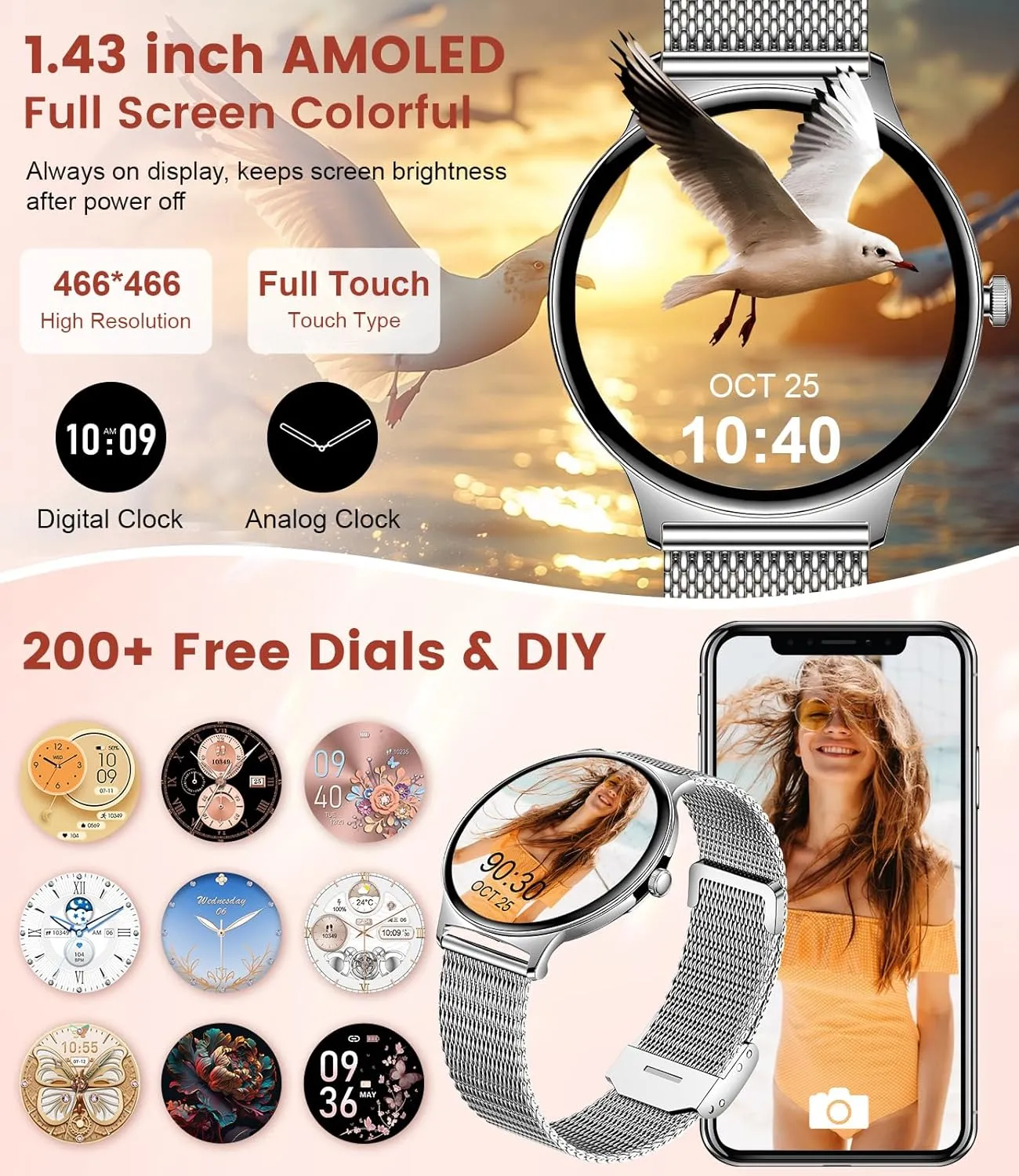 Waterproof Smart Watches for Women with 120 Sports Modes/Heart Rate Monitor/Sleep Tracker, Watches for Women for Android iOS Fitness Smart Watch (Answer/Make diverse Call), 1.43" AMOLED 