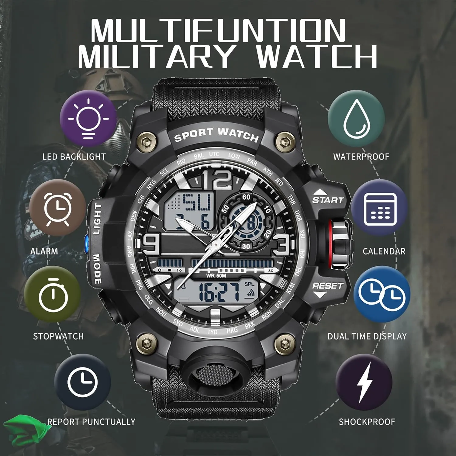 Waterproof Sports Tactical Large Face Stopwatch Alarm loder incident keenly Outdoor Date Analog LED Wristwatch findtime Military Watches for Men Digital Watch 