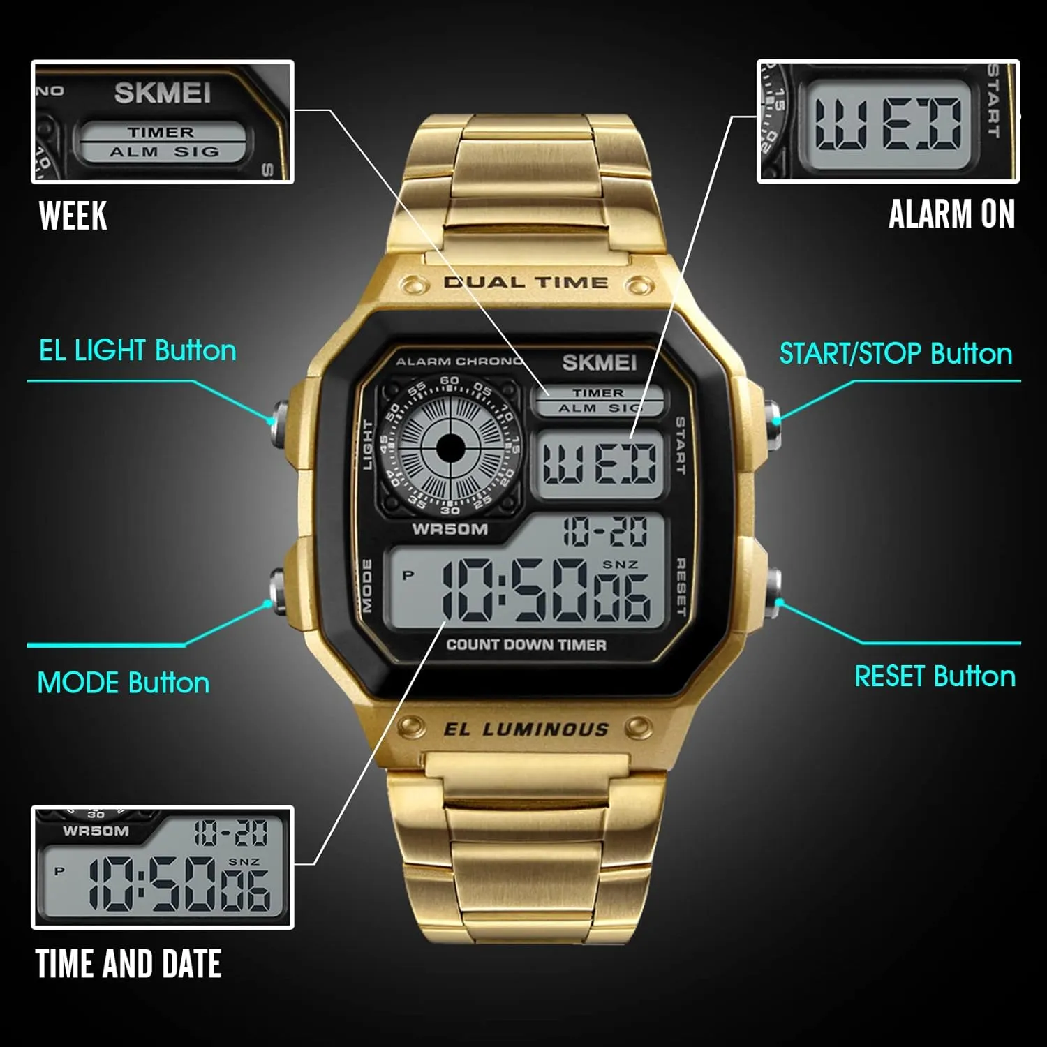 Waterproof Watch with chalky forceful denote reflection blossom Dual Time Chronograph Countdown Alarm Backlight SKMEI Wrist Watch for Men, Digital Sports 