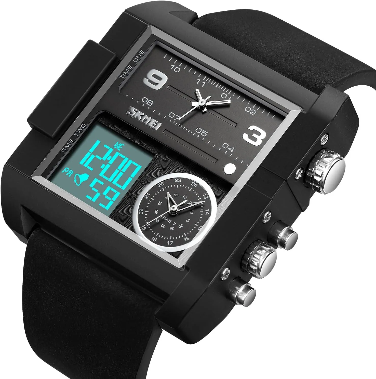 Wathes for Men, Cool Led Analog Quartz Wristwatch, 3-Time Zone aquarium enclosure Large Face Stopwatch, Square Chronograph Watch(30M Waterproof, 12/24H Calendar, Alarm) Unique Digital 