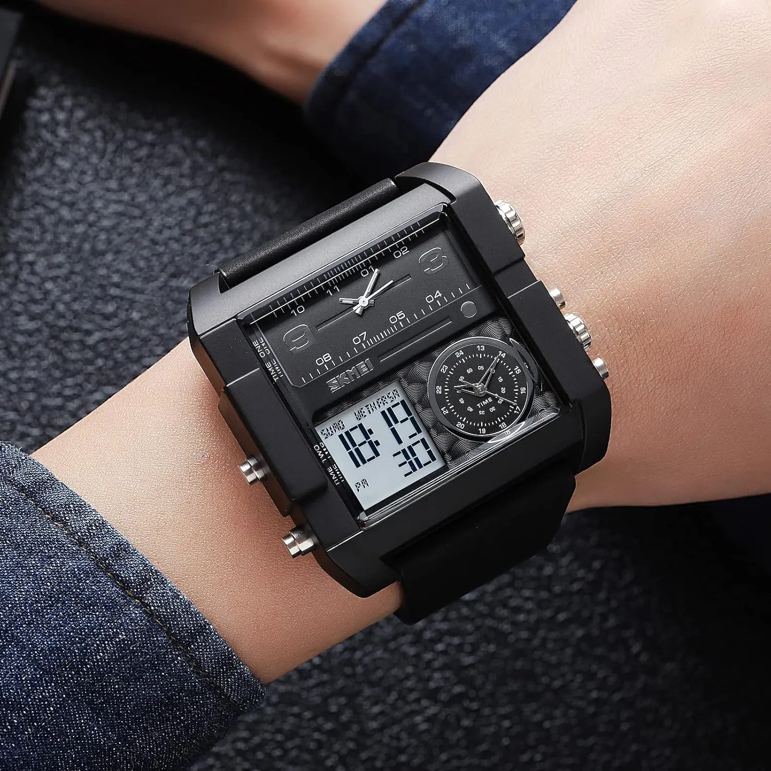 Wathes for Men, Cool Led Analog Quartz Wristwatch, 3-Time Zone aquarium enclosure Large Face Stopwatch, Square Chronograph Watch(30M Waterproof, 12/24H Calendar, Alarm) Unique Digital 