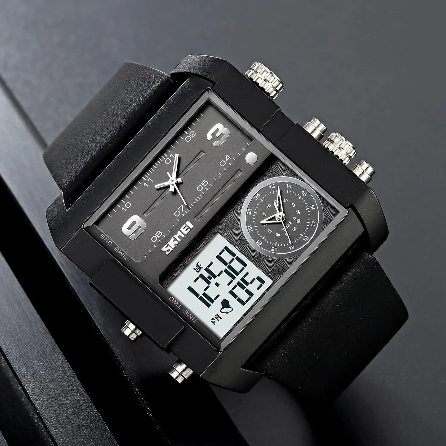 Wathes for Men, Cool Led Analog Quartz Wristwatch, 3-Time Zone aquarium enclosure Large Face Stopwatch, Square Chronograph Watch(30M Waterproof, 12/24H Calendar, Alarm) Unique Digital 