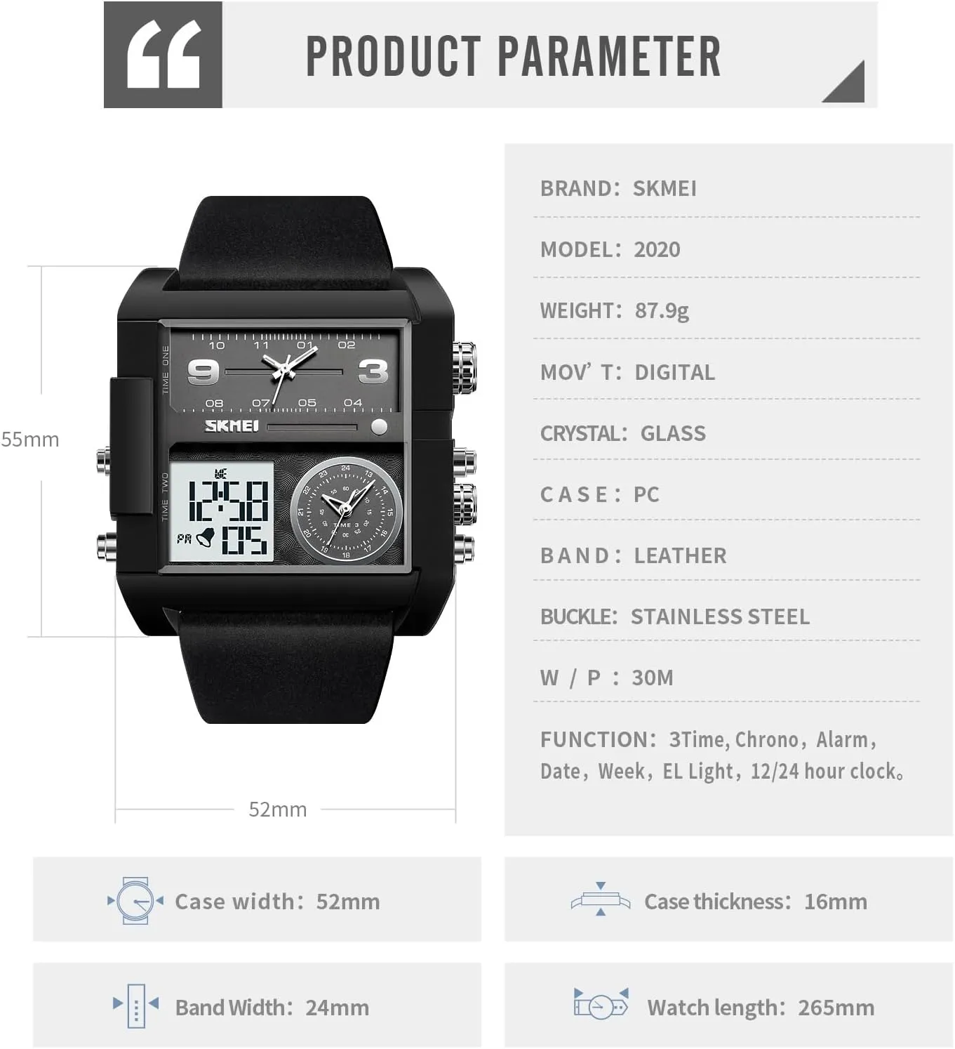 Wathes for Men, Cool Led Analog Quartz Wristwatch, 3-Time Zone aquarium enclosure Large Face Stopwatch, Square Chronograph Watch(30M Waterproof, 12/24H Calendar, Alarm) Unique Digital 