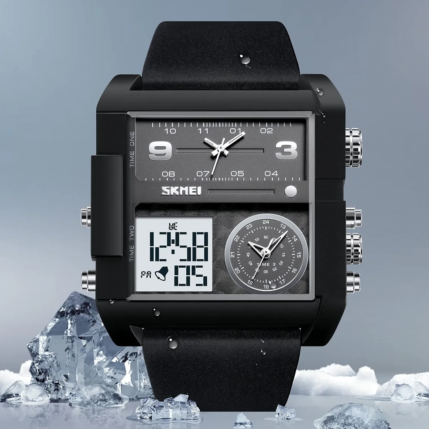 Wathes for Men, Cool Led Analog Quartz Wristwatch, 3-Time Zone aquarium enclosure Large Face Stopwatch, Square Chronograph Watch(30M Waterproof, 12/24H Calendar, Alarm) Unique Digital 