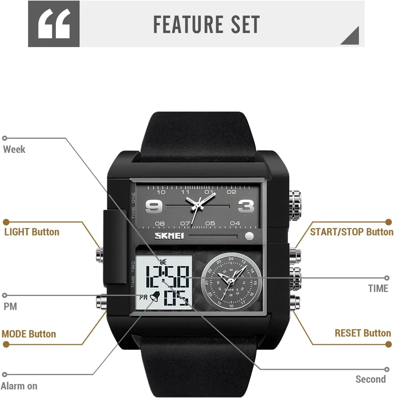 Wathes for Men, Cool Led Analog Quartz Wristwatch, 3-Time Zone aquarium enclosure Large Face Stopwatch, Square Chronograph Watch(30M Waterproof, 12/24H Calendar, Alarm) Unique Digital 