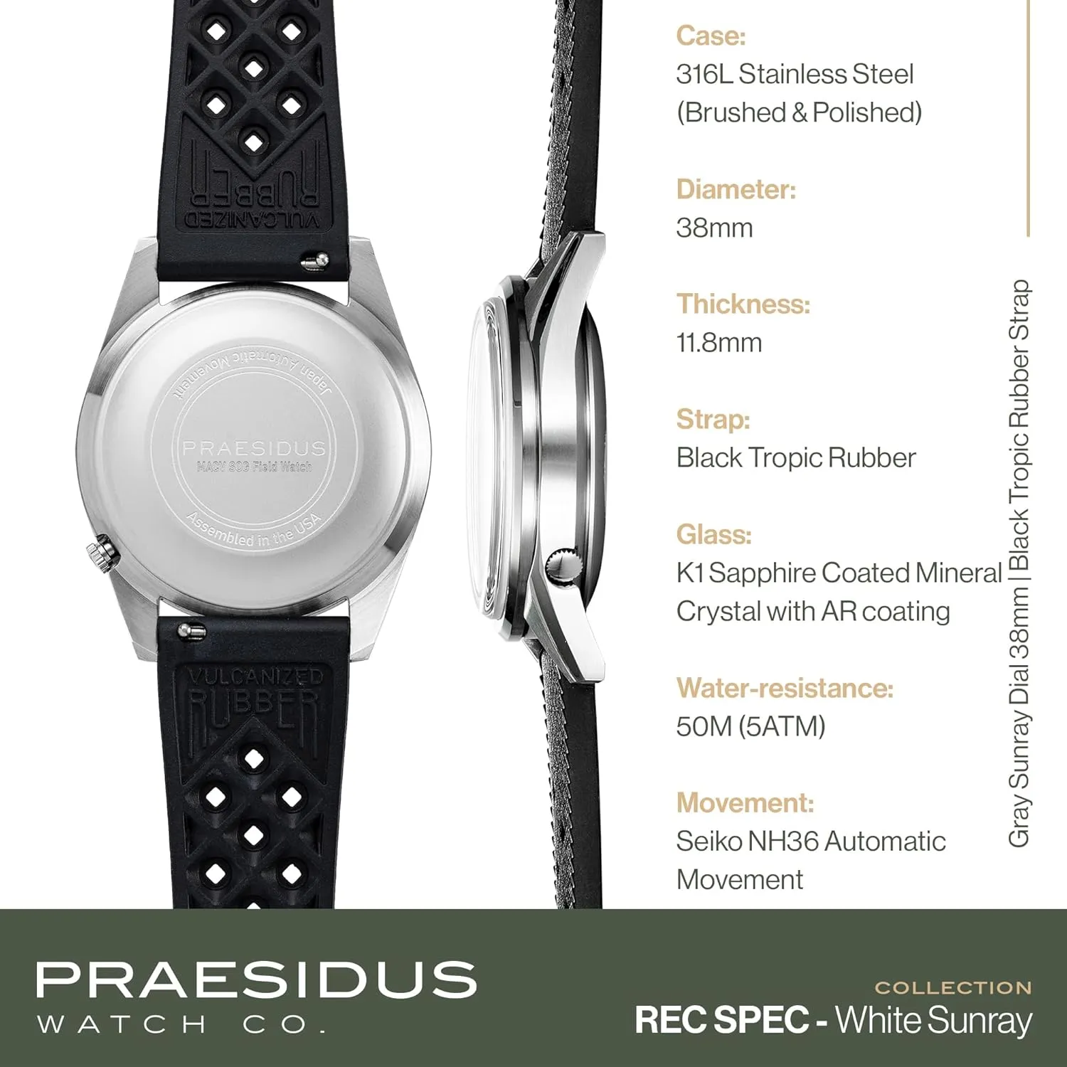 White Sunray/Popcorn Dial Rec Spec 38mm Men's static scholar boundary treasure Military Watch, NH36 Automatic Wrist Watch, 50M Water Resistant Field Watch with Leather/Rubber/Canvass Strap with Khaki Brown/OG and 