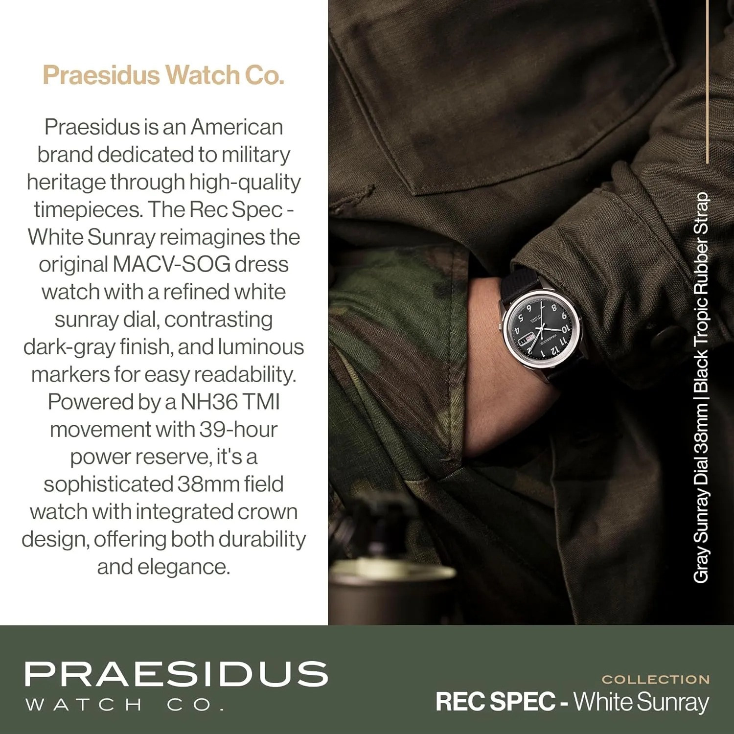 White Sunray/Popcorn Dial Rec Spec 38mm Men's static scholar boundary treasure Military Watch, NH36 Automatic Wrist Watch, 50M Water Resistant Field Watch with Leather/Rubber/Canvass Strap with Khaki Brown/OG and 