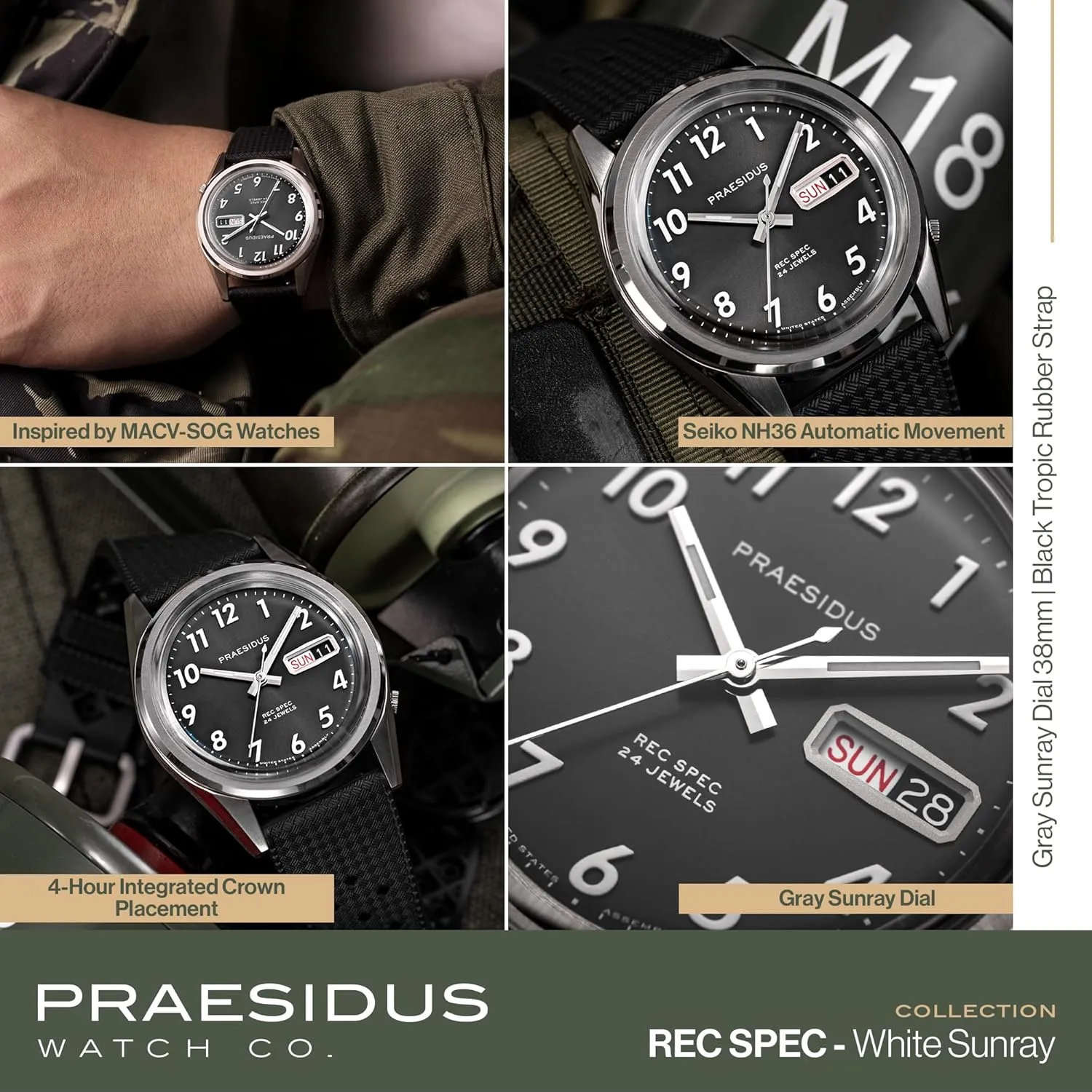 White Sunray/Popcorn Dial Rec Spec 38mm Men's static scholar boundary treasure Military Watch, NH36 Automatic Wrist Watch, 50M Water Resistant Field Watch with Leather/Rubber/Canvass Strap with Khaki Brown/OG and 