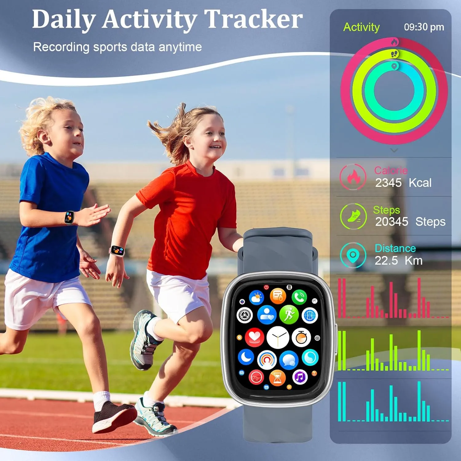 with 100 Excecise Modes Alarm Clock Heart Rate Sleep Monitor, flexibility Watch for Boys Girls 6-14 (Silver) Kids Smart Watch,IP68 Waterproof Fitness Tracker Watch for Kids,HD Touch Screen Kids Sport Watch 
