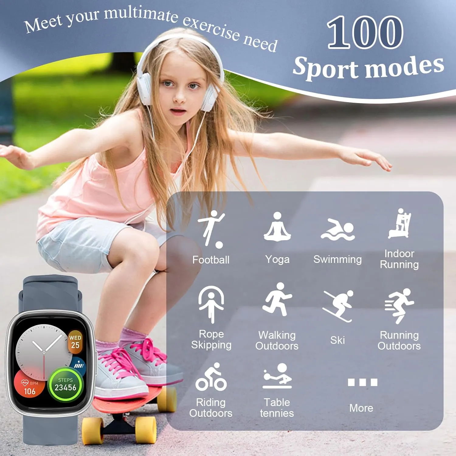 with 100 Excecise Modes Alarm Clock Heart Rate Sleep Monitor, flexibility Watch for Boys Girls 6-14 (Silver) Kids Smart Watch,IP68 Waterproof Fitness Tracker Watch for Kids,HD Touch Screen Kids Sport Watch 