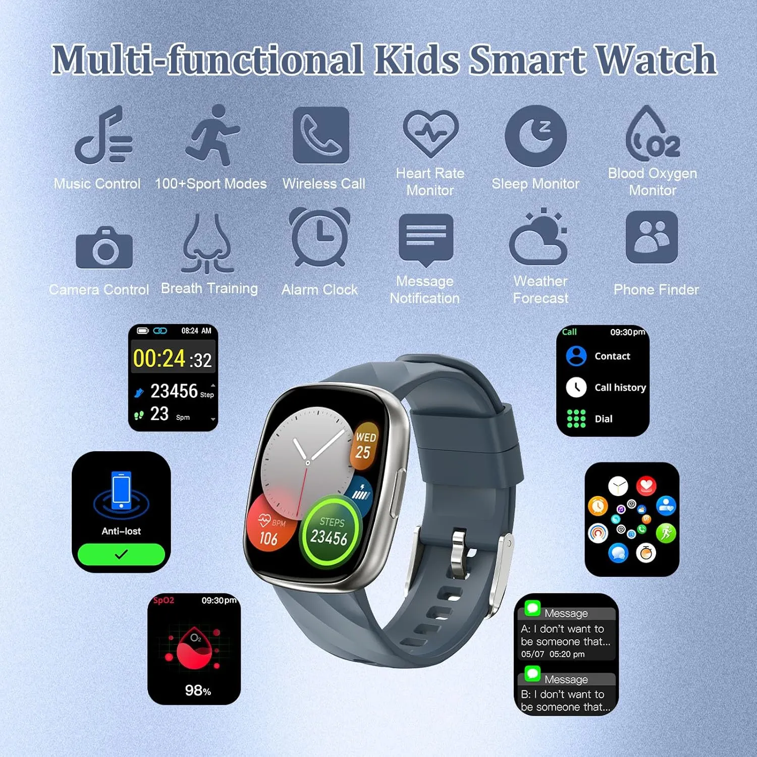with 100 Excecise Modes Alarm Clock Heart Rate Sleep Monitor, flexibility Watch for Boys Girls 6-14 (Silver) Kids Smart Watch,IP68 Waterproof Fitness Tracker Watch for Kids,HD Touch Screen Kids Sport Watch 