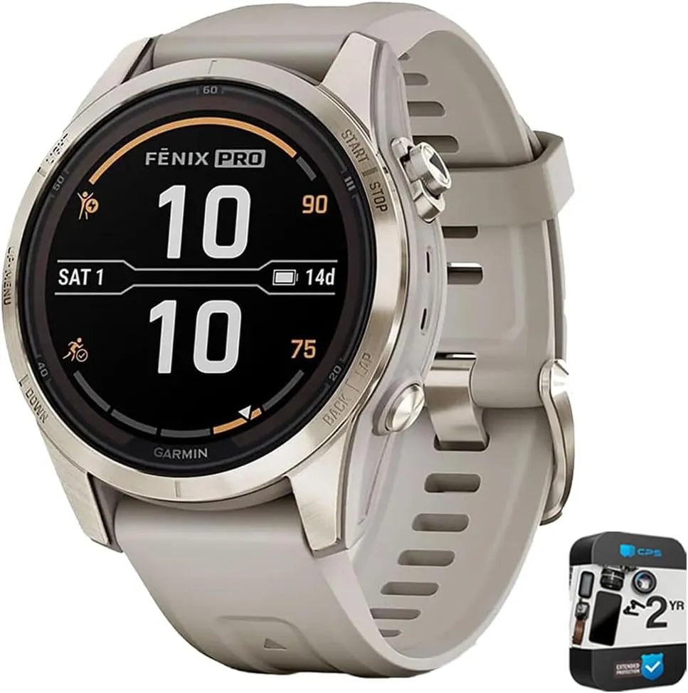with 2 Year gallium Enhanced Protection Pack Garmin Fenix 7S Pro Solar, Sapphire, Soft Gold Steel, Light Sand Bundle 