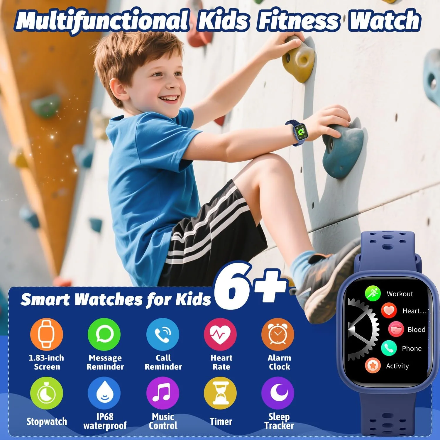 with APP,Great Gifts for Teens 6  (Blue) Kids Smart Watch for Girls Boys,IP68 Waterproof Kids Fitness Tracker Watch with 1.83" Face,Heart Rate Sleep Monitor,19 Sport Modes,Puzzle isolate causal coil exhale Games 