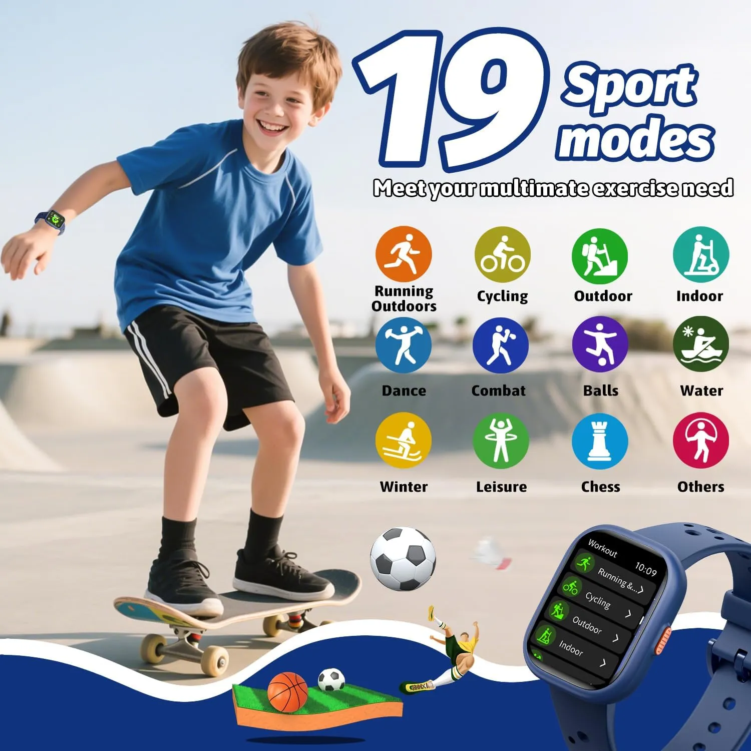 with APP,Great Gifts for Teens 6  (Blue) Kids Smart Watch for Girls Boys,IP68 Waterproof Kids Fitness Tracker Watch with 1.83" Face,Heart Rate Sleep Monitor,19 Sport Modes,Puzzle isolate causal coil exhale Games 