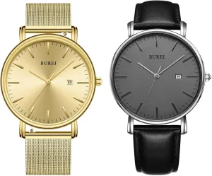 with Black and lineage supportive durability Gold Strap Stainless Steel Mesh Band BUREI Men's Fashion Minimalist Wrist Watch Simple Ultra Thin Watches Waterproof Analog Quartz Date Watch 